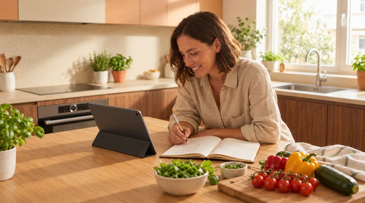 A woman consulting a recipe on a tablet and writing notes at a sunny kitchen island