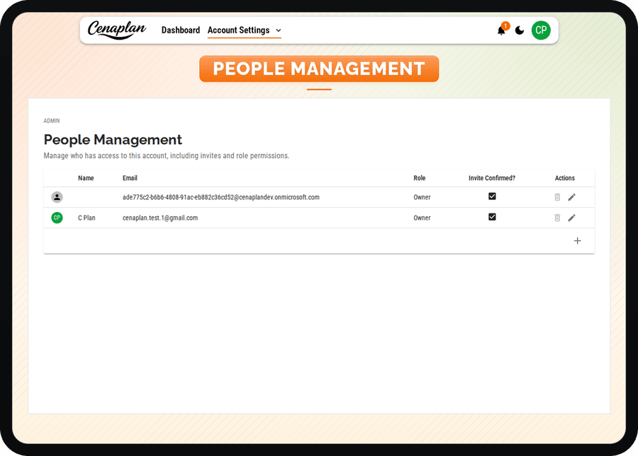 Cenaplan account dashboard for household management context