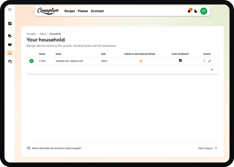 Cenaplan account dashboard for household management context