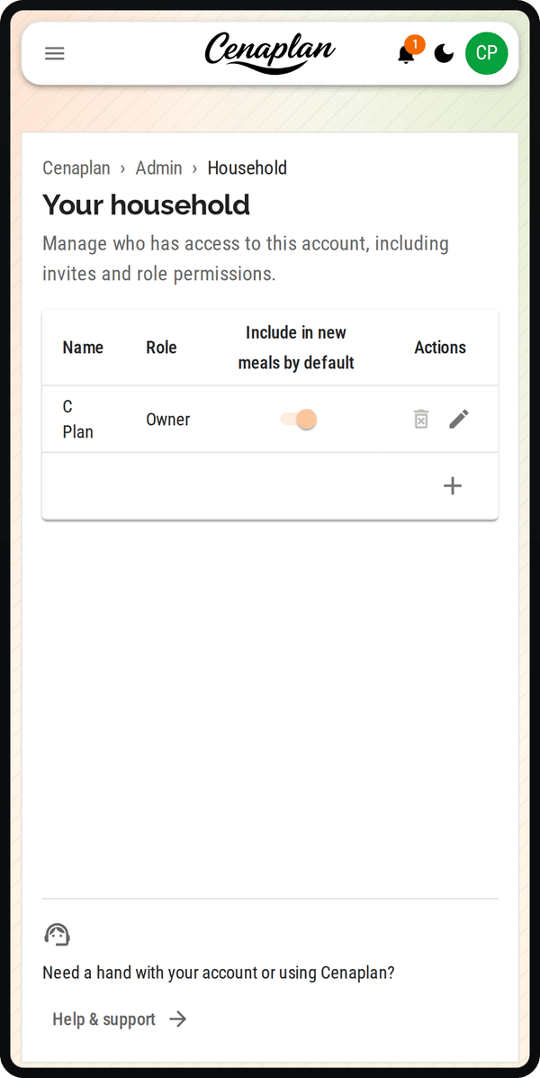 Cenaplan mobile account menu showing people management
