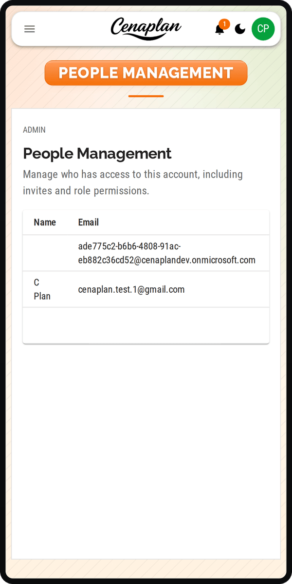 Cenaplan mobile account menu showing people management