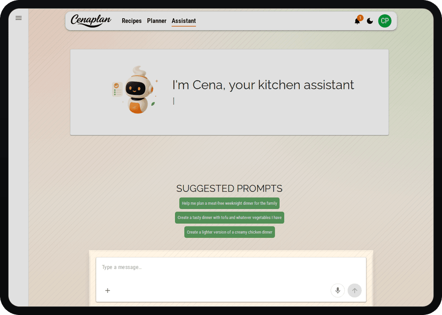 Cenaplan desktop assistant input for generating recipes