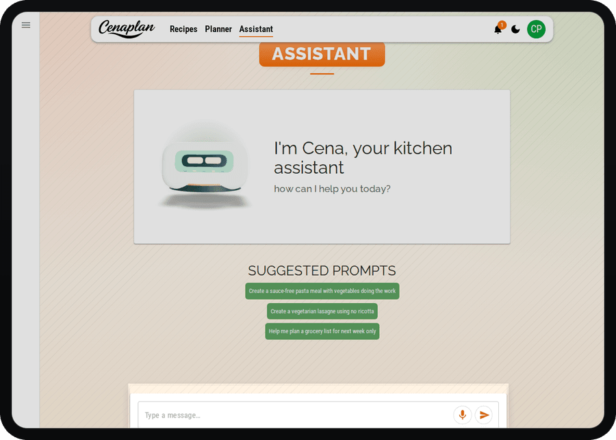 Cenaplan desktop assistant input for generating recipes