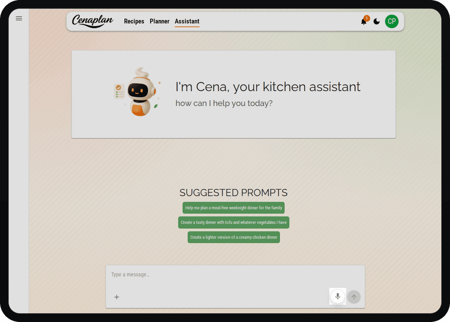 Cenaplan desktop recipe assistant voice input controls