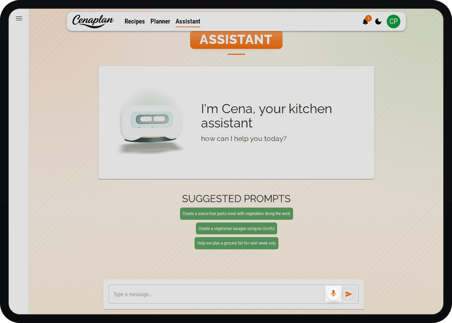 Cenaplan desktop recipe assistant voice input controls