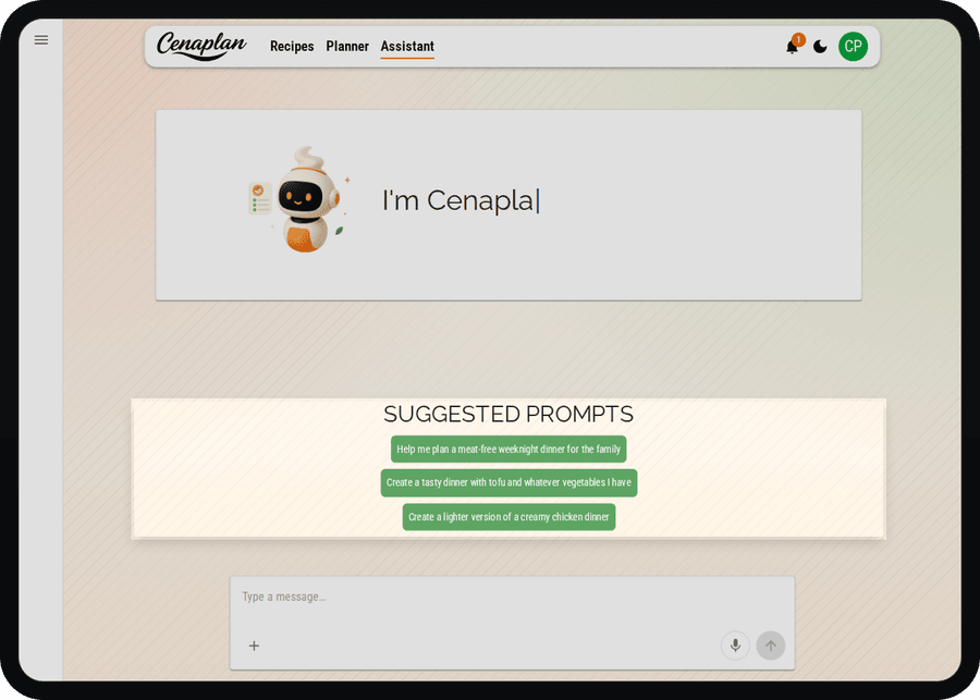Cenaplan desktop recipe assistant with suggested prompts for meal ideas