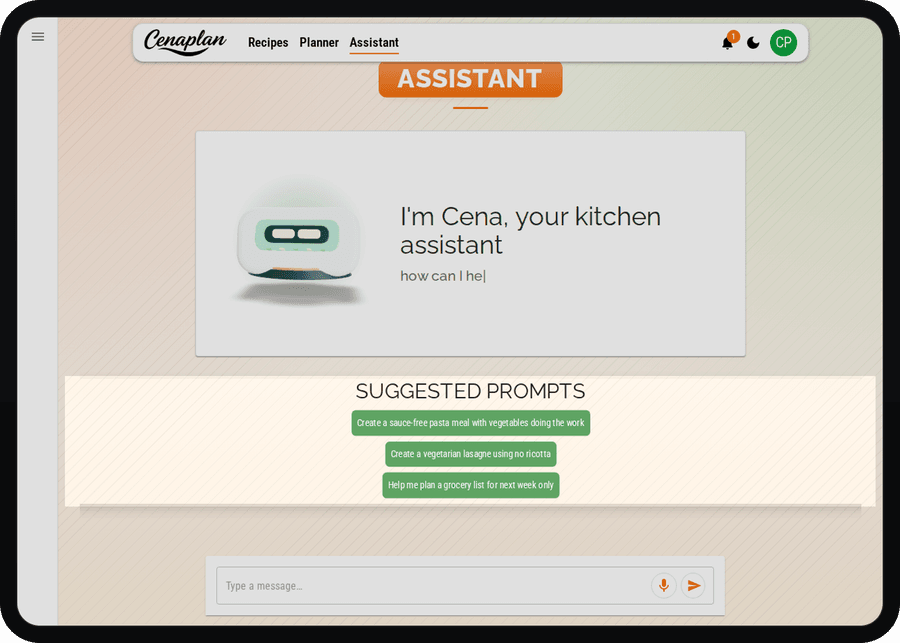 Cenaplan desktop recipe assistant with suggested prompts for meal ideas