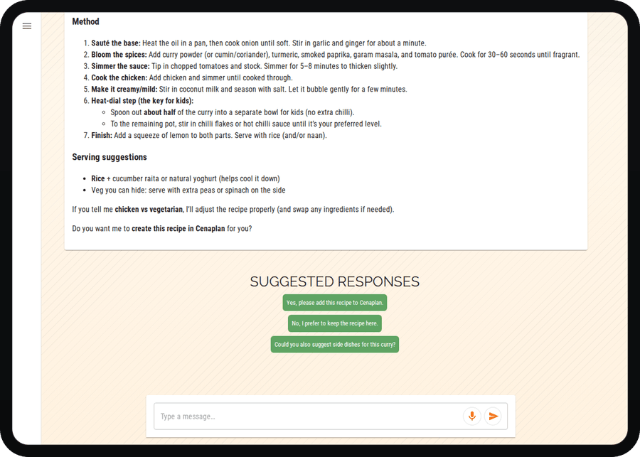 Cenaplan desktop recipe assistant response with suggested next actions
