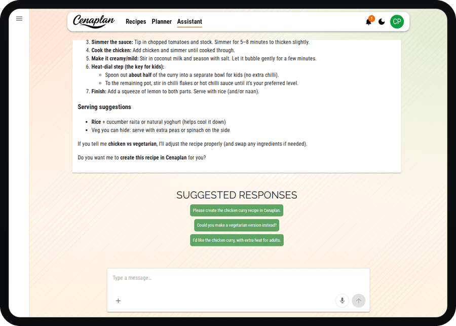 Cenaplan desktop recipe assistant response with suggested next actions