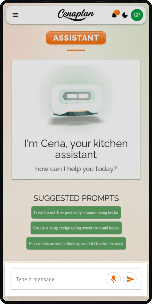 Cenaplan mobile assistant input for generating recipes