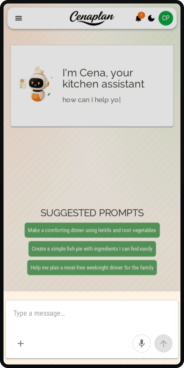 Cenaplan mobile assistant input for generating recipes