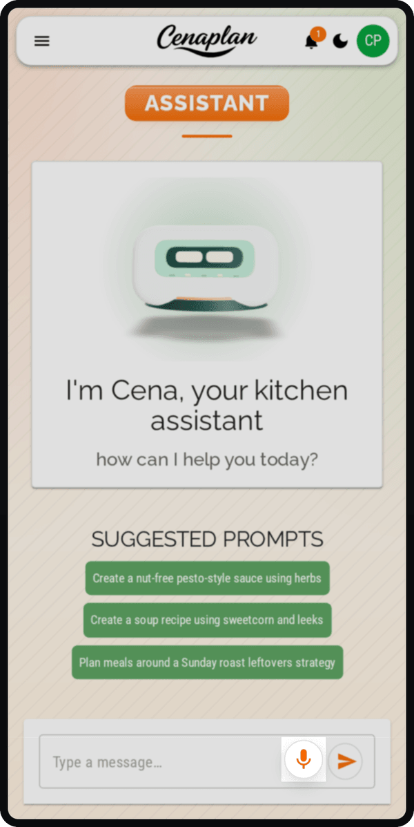 Cenaplan mobile recipe assistant voice input controls