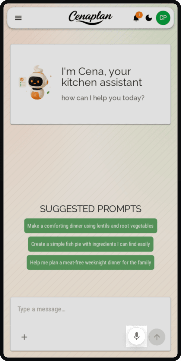 Cenaplan mobile recipe assistant voice input controls