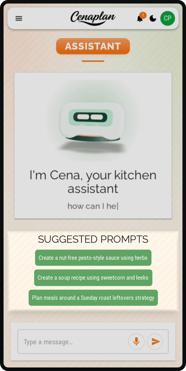 Cenaplan mobile recipe assistant suggested prompts