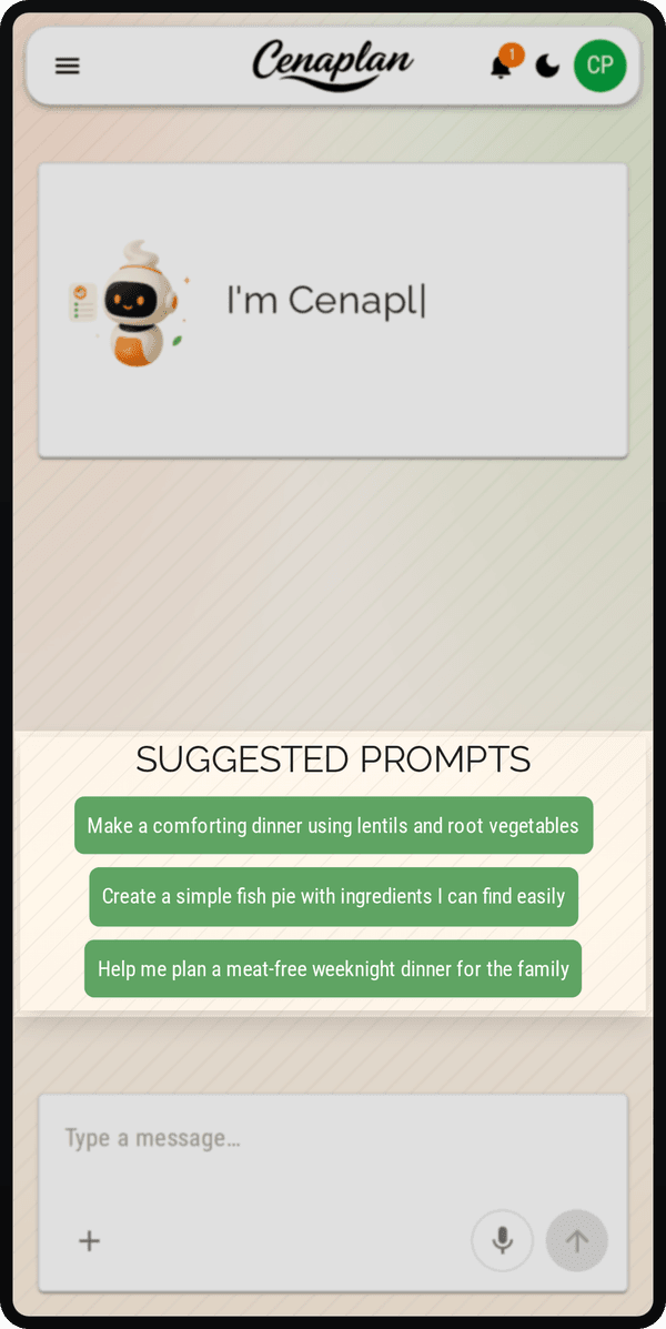 Cenaplan mobile recipe assistant suggested prompts