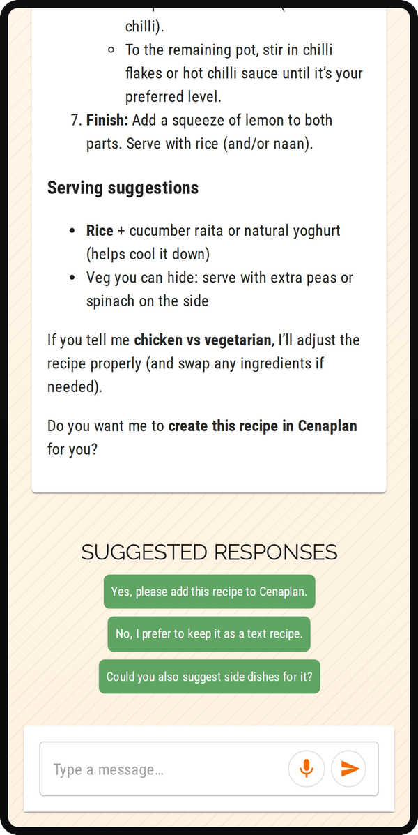 Cenaplan mobile recipe assistant suggested responses for turning an idea into a saved recipe