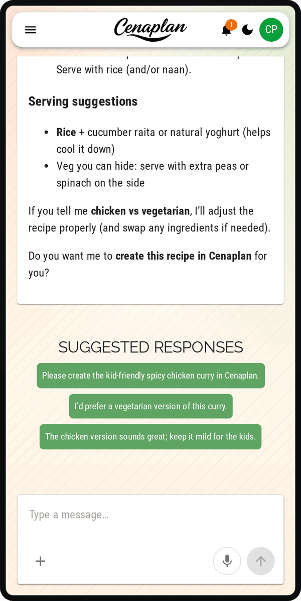 Cenaplan mobile recipe assistant suggested responses for turning an idea into a saved recipe