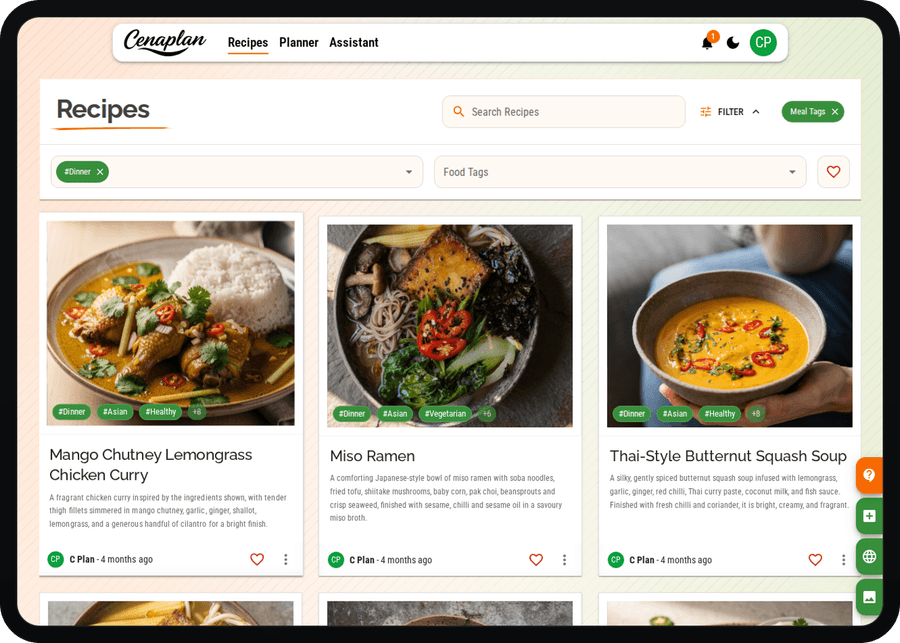 Cenaplan desktop recipe binder filter panel