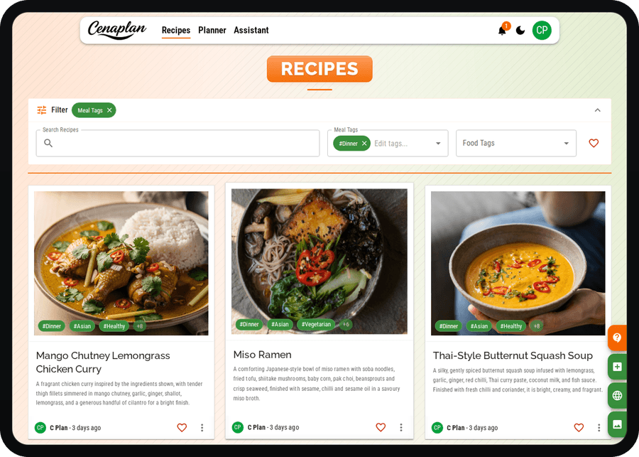 Cenaplan desktop recipe binder filter panel with search, meal tags, food tags, and favourite filtering