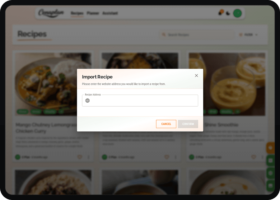 Cenaplan desktop website recipe import dialog