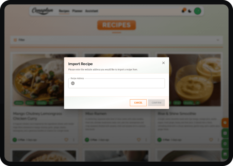 Cenaplan desktop website recipe import dialog with a URL field over the digital recipe binder