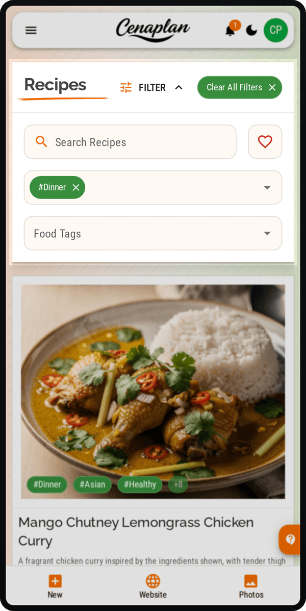 Cenaplan mobile recipe binder filter panel