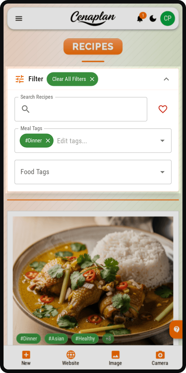 Cenaplan mobile recipe binder filter panel with search, meal tags, food tags, and favourite filtering