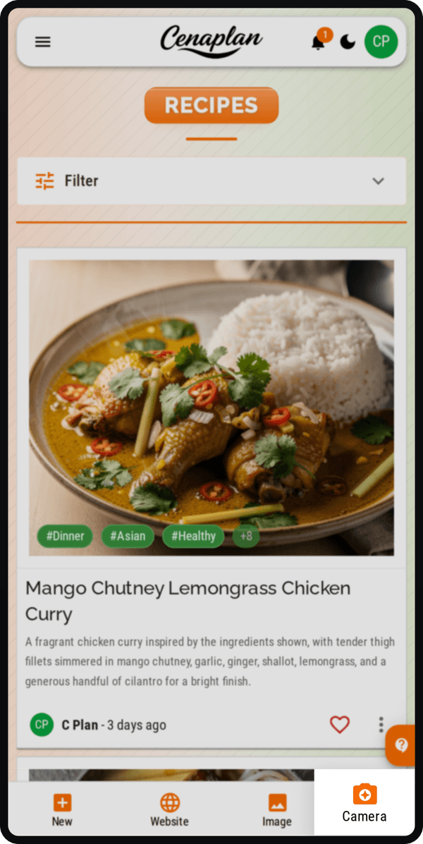 Cenaplan mobile recipe import options for creating a recipe, importing from a website, uploading an image, or using the camera