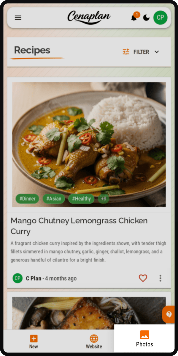 Cenaplan mobile recipe import options for creating a recipe, importing from a website, uploading an image, or using the camera
