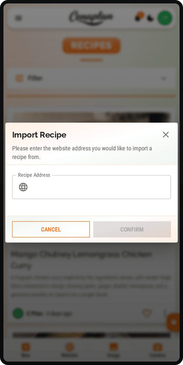 Cenaplan mobile website recipe import dialog with a URL field for saving an online recipe into the digital recipe binder