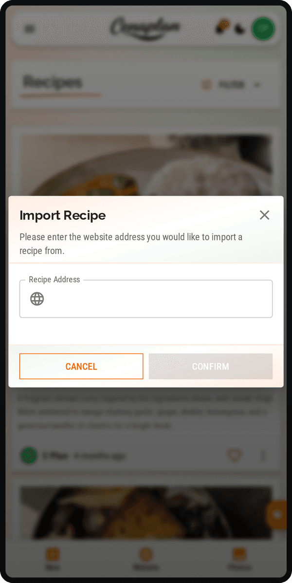 Cenaplan mobile website recipe import dialog