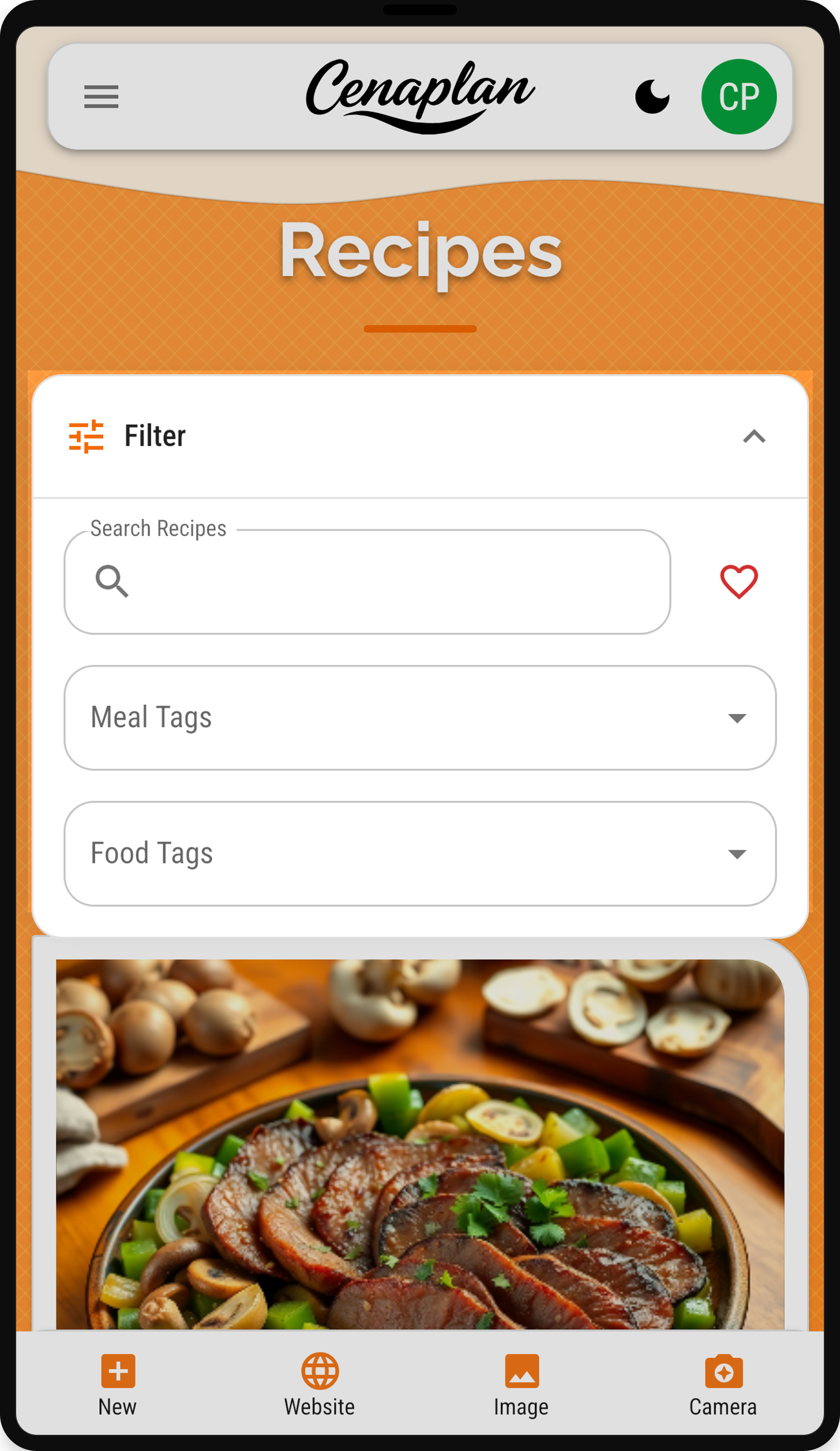 Filter panel with search, meal tags and food tags
