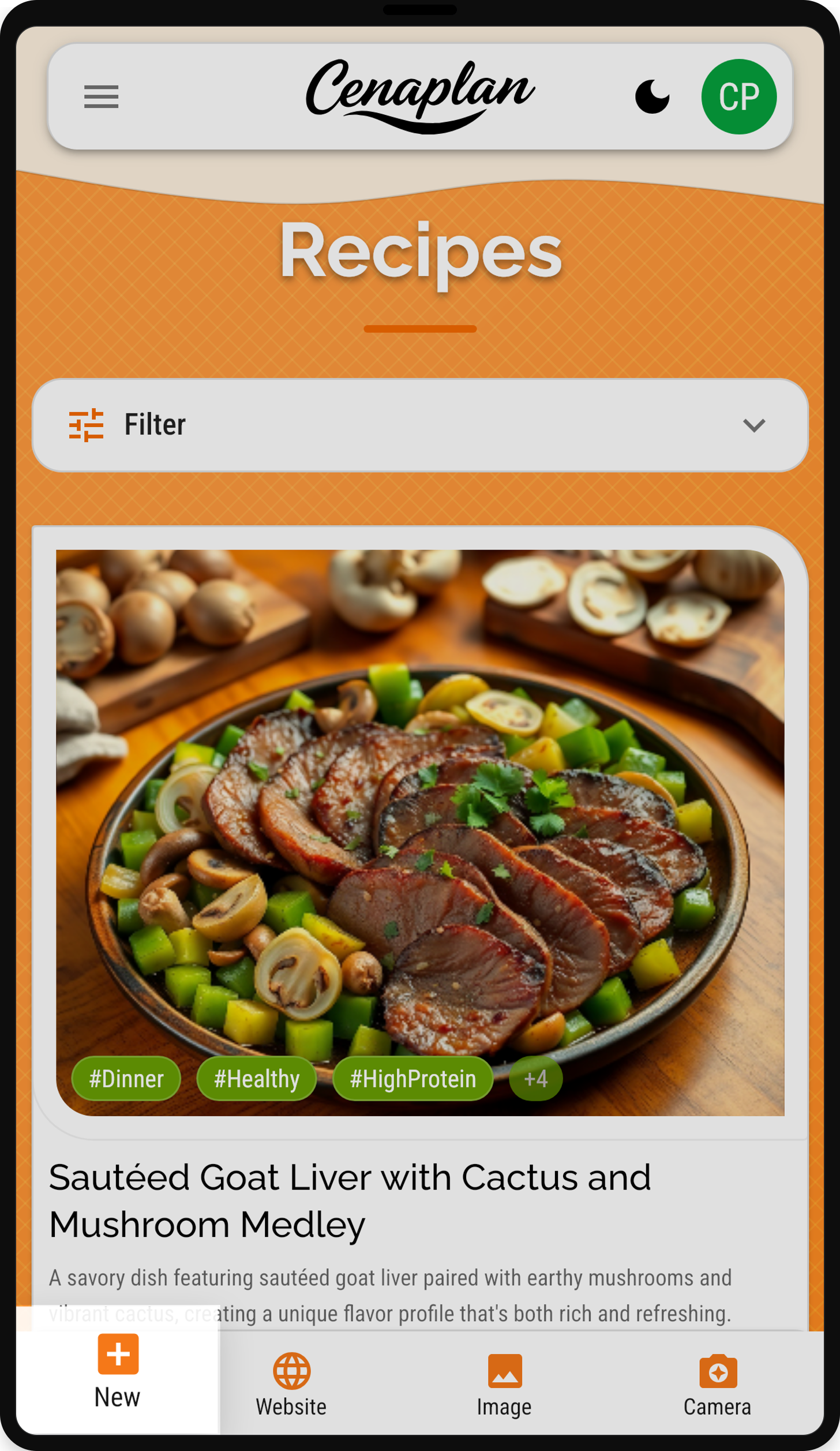 Bottom action bar with New, Website, Image and Camera
