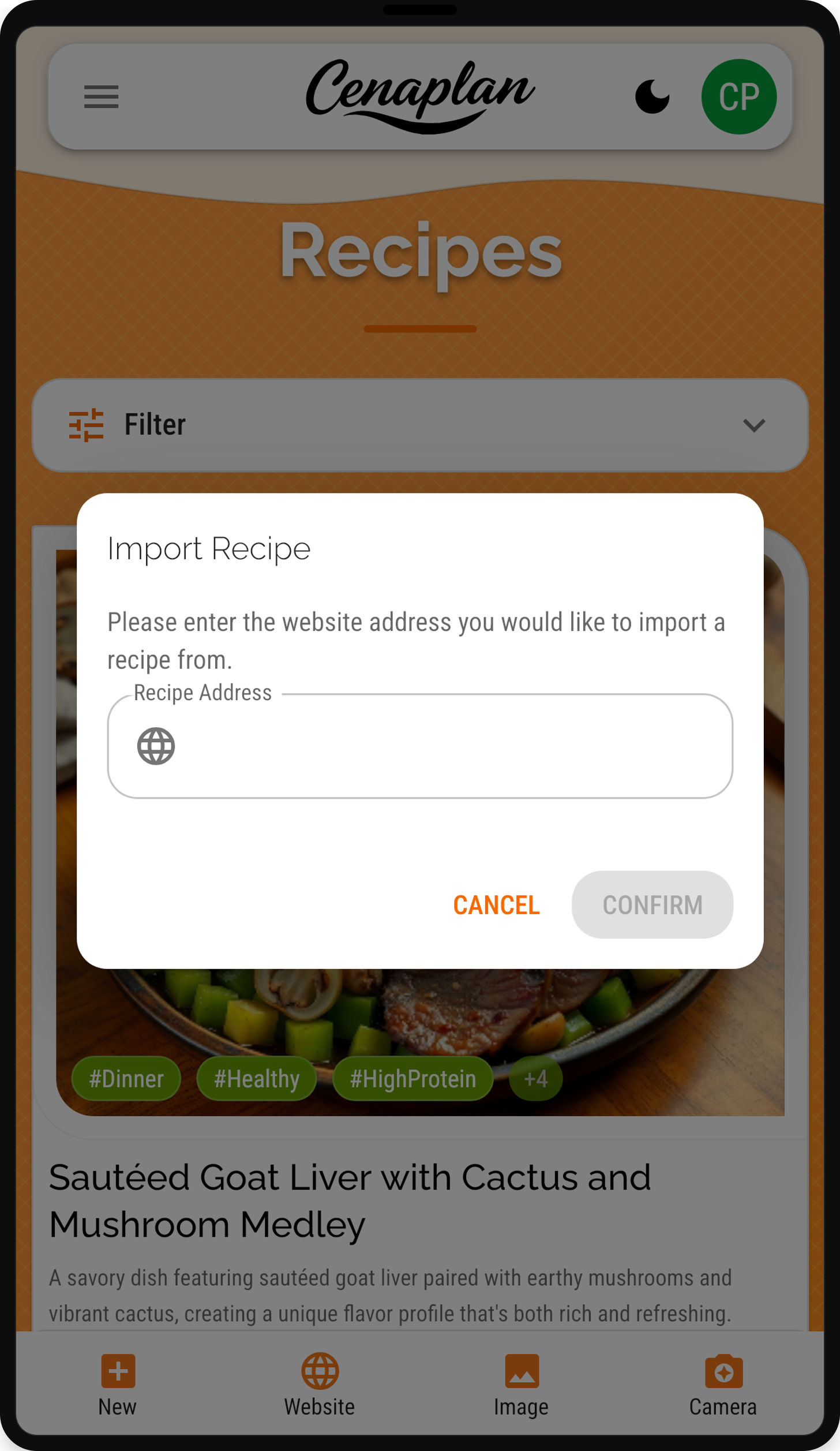 Import Recipe dialog with URL input