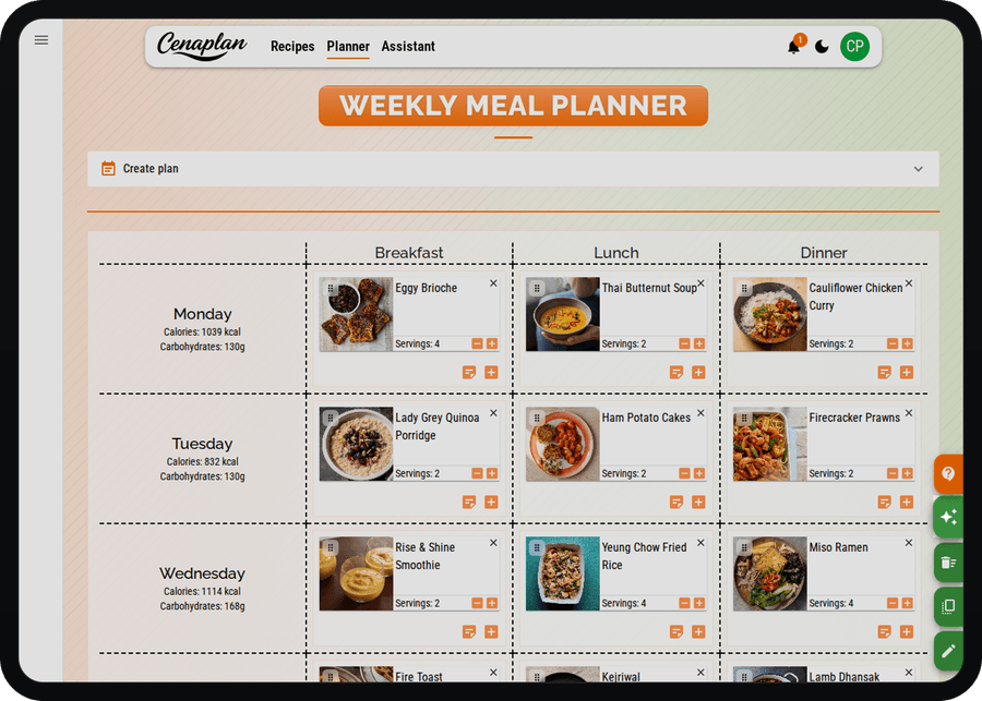 Cenaplan desktop planner Auto-Plan dialog for filling empty meal slots from recipe rules