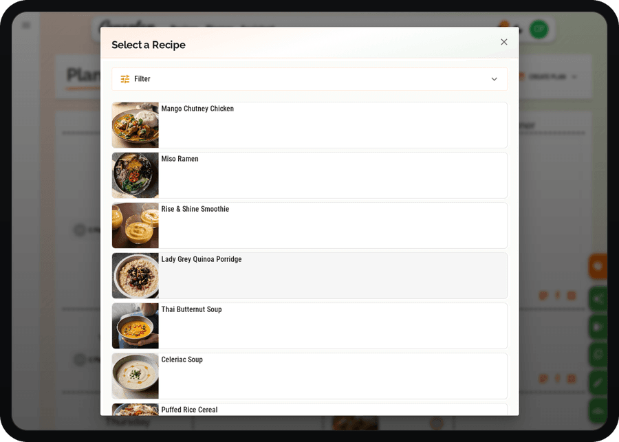 Cenaplan desktop planner context for scheduled meals
