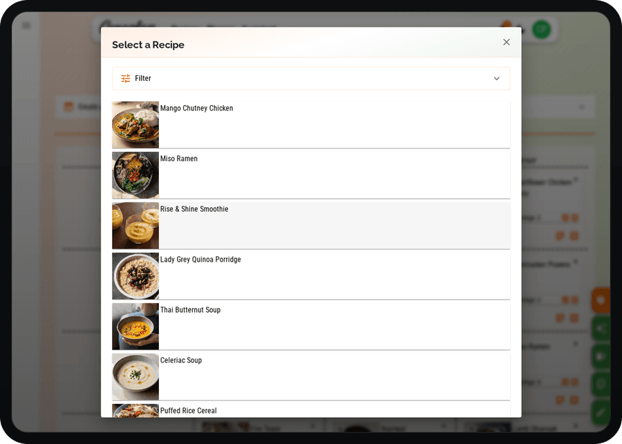 Cenaplan desktop weekly meal planner add meal dialog for choosing recipes and notes
