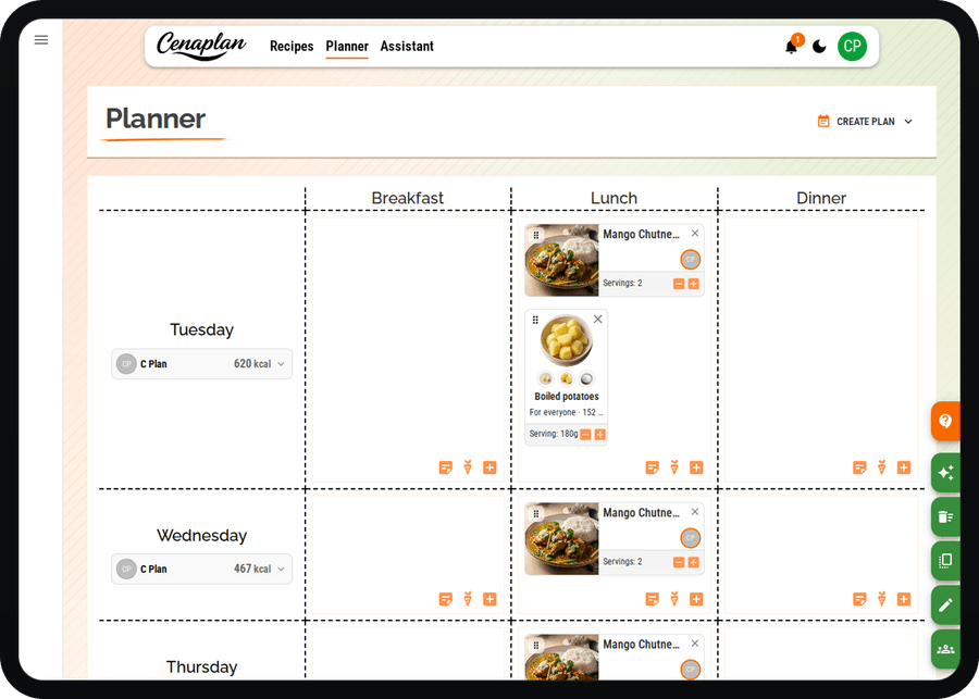 Cenaplan desktop weekly meal planner