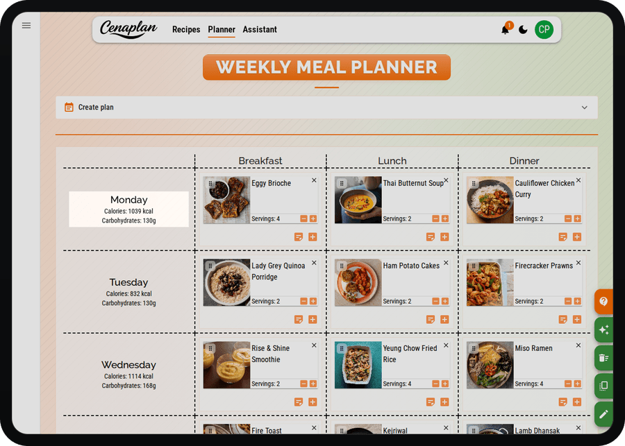 Cenaplan desktop planner day nutrition view