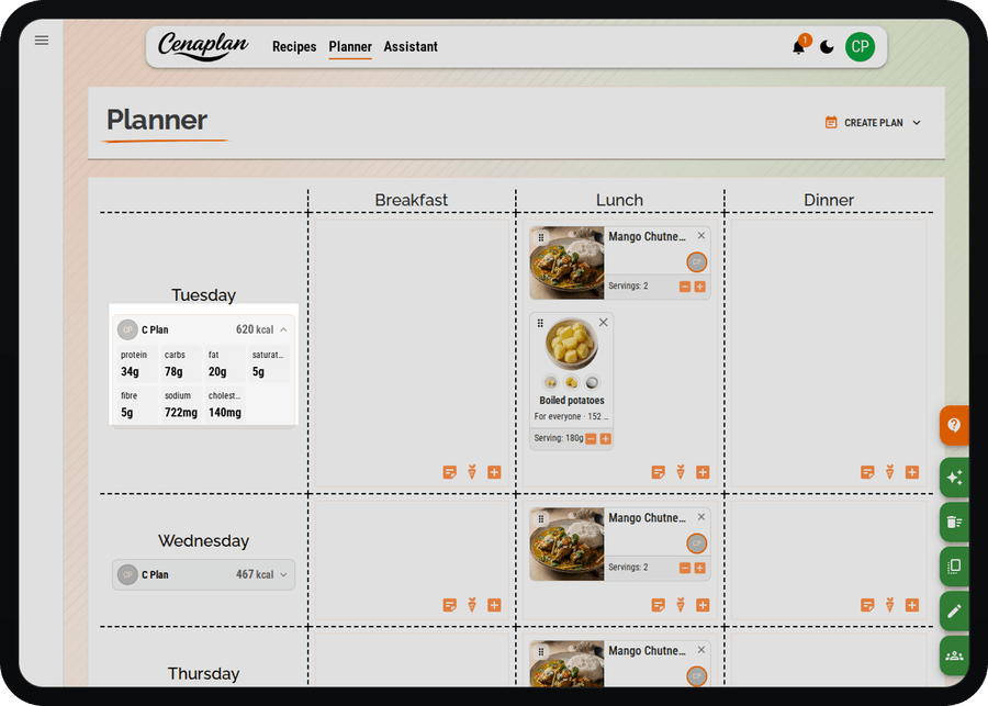 Cenaplan desktop planner day nutrition view