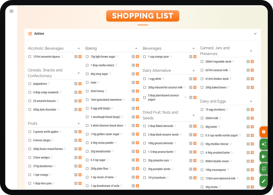 Cenaplan desktop automated shopping list with planned recipe ingredients grouped by category