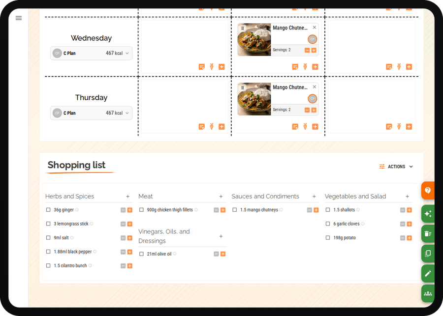 Cenaplan desktop planner ingredients grouped into a shopping list with quantities and categories