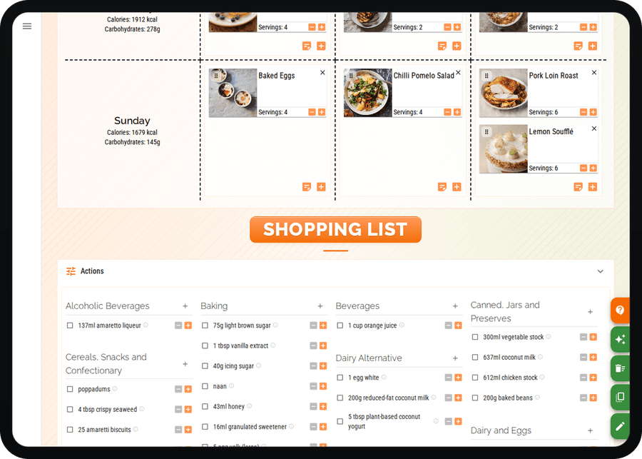 Cenaplan desktop planner ingredients grouped into a shopping list with quantities and categories