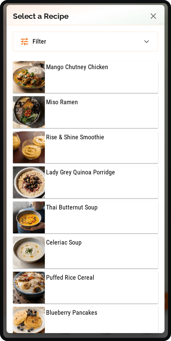 Cenaplan mobile add meal dialog for choosing recipes and notes in the weekly planner