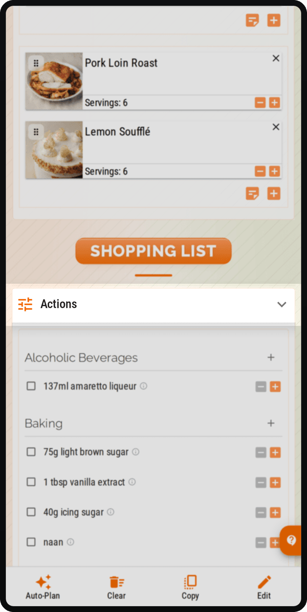 Cenaplan planner ingredients grouped by shopping category with quantities and item controls