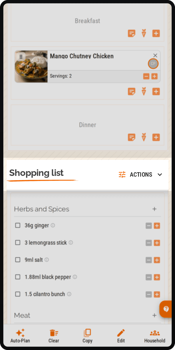 Cenaplan planner ingredients grouped by shopping category with quantities and item controls