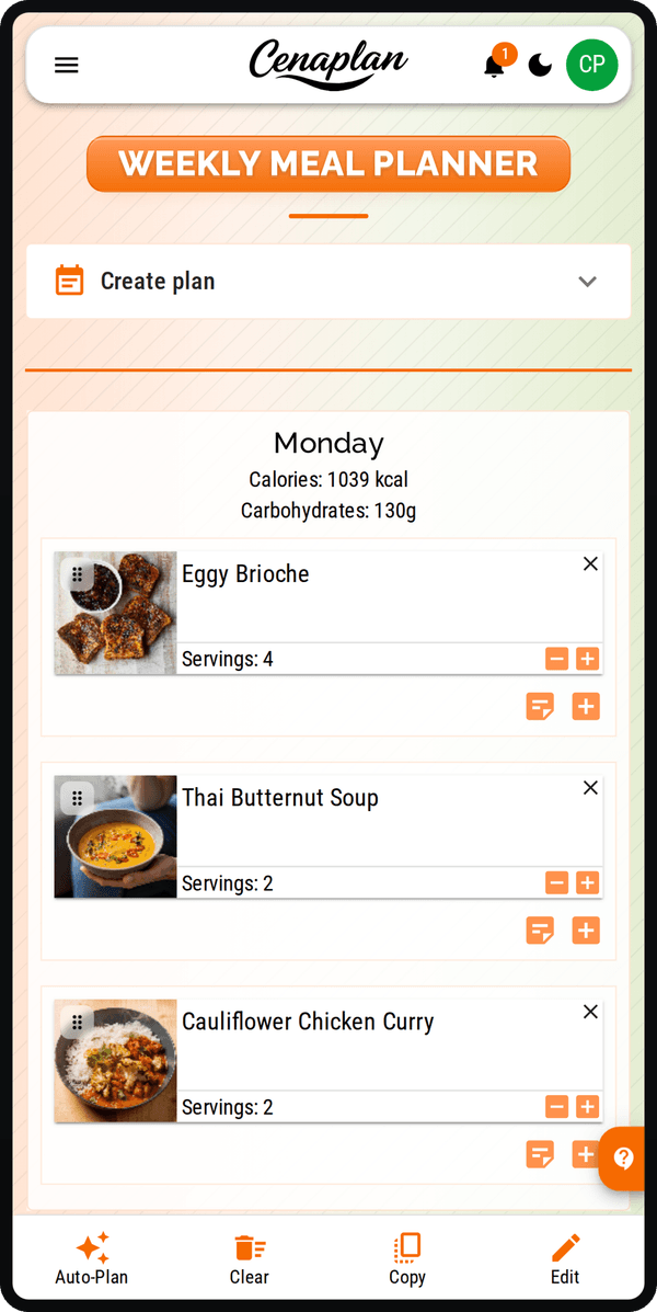 Cenaplan mobile weekly meal planner