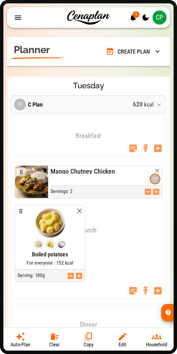 Cenaplan mobile weekly meal planner