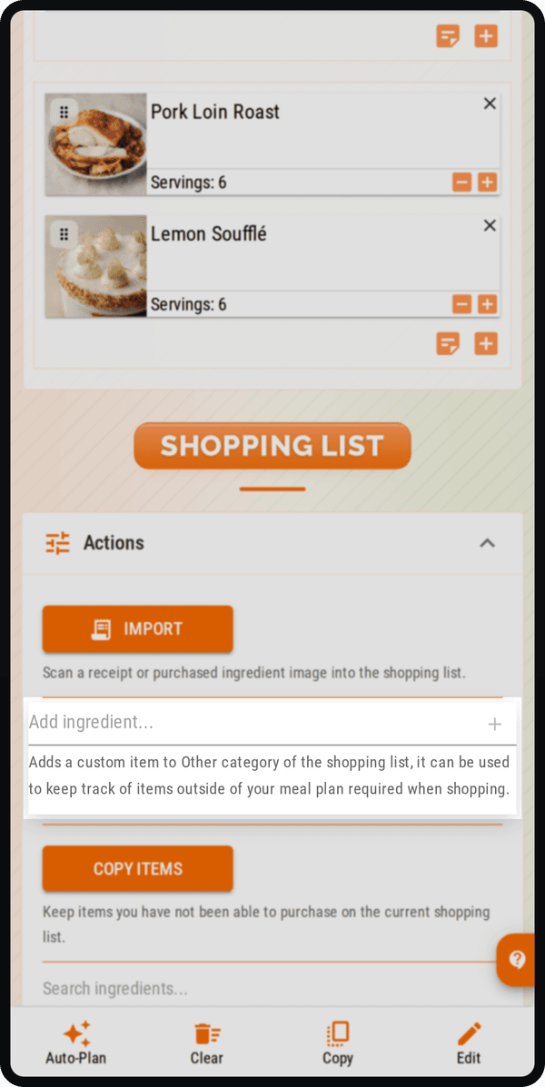 Cenaplan mobile shopping list add action for adding a custom non-recipe item