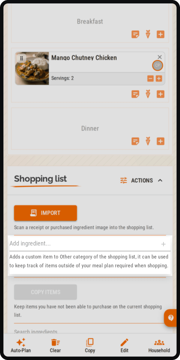 Cenaplan mobile shopping list add action for adding a custom non-recipe item